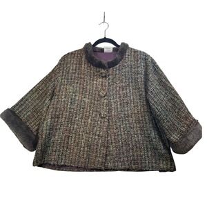 Isabelle's Journey Tweed‎ Cape Jacket Faux Fur Collar Cuffs Brown Green Boxy VTG